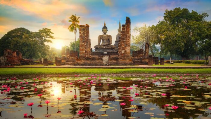 Wat Mahathat Temple in the precinct of Sukhothai Historical Park, a UNESCO World Heritage Site in Thailand